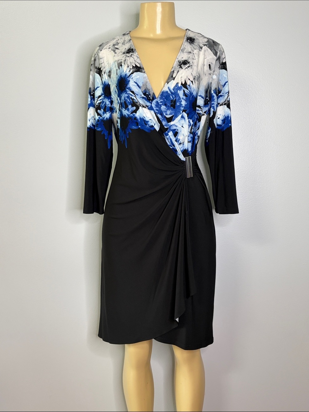 Calvin Klein Black & Blue Floral Faux Wrap-Style Women’s Dress Size S